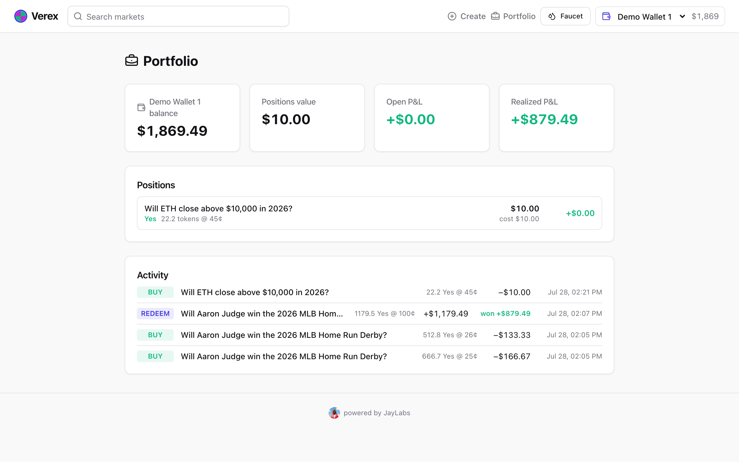 Portfolio with balances, positions and activity